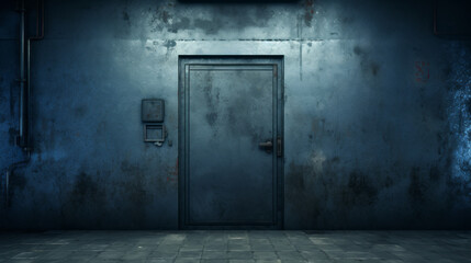 A sturdy metal door stands in the center of the blue room