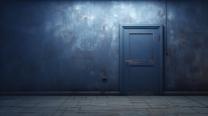 A sturdy metal door stands in the center of the blue room