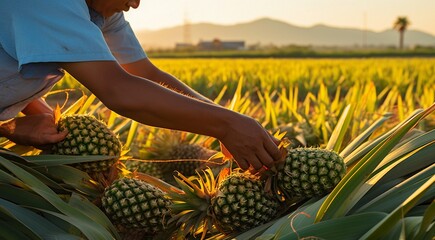 harvest for pineapple, close-up of hands picking up of pineapples, pineapples on the tree - obrazy, fototapety, plakaty