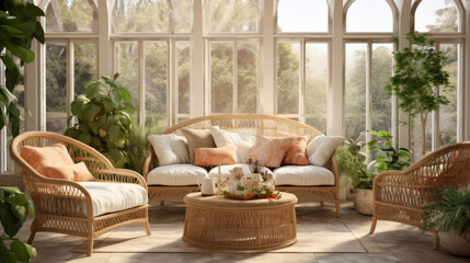 A sunroom with wicker furniture, indoor plants, and a view of the garden - obrazy, fototapety, plakaty