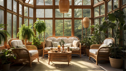 A sunroom with wicker chairs, potted plants, and a view of the garden