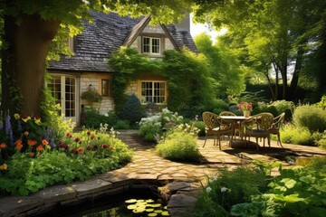 Fototapeta na wymiar Traditional cottage and garden with attractive flowers and pathways