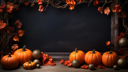 Halloween pumpkins, autumn leaves with branches with holiday balls on a chalkboard background with copy space