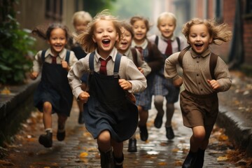 School children happily running towards camera