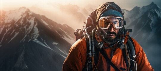 Mountain climber with full safety and oxygen gear on surrounded by the Himalayan mountains