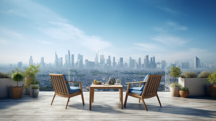 A terrace overlooks a city skyline with a large glass window and a few wooden chairs - obrazy, fototapety, plakaty
