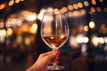 Fotobehang Woman's hand holding wine glass in restaurant/bar environment © David