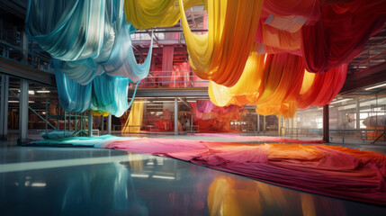 A textile dyeing factory, with colorful fabrics being immersed in vibrant dyes