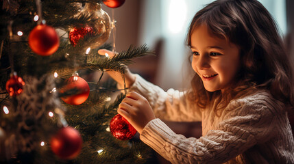 Mädchen dekoriert einen Weihnachtsbaum mit roten Kugeln