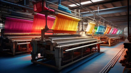 A textile dyeing and printing facility, applying vibrant colors to fabric rolls - 655439377