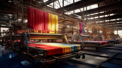 A textile dyeing and printing facility, applying vibrant colors to fabric rolls