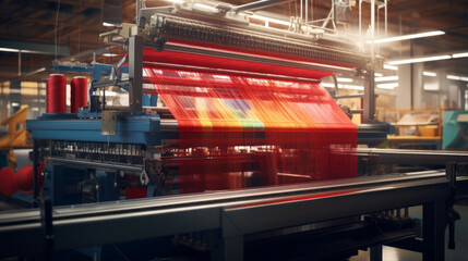 A textile manufacturing plant, weaving colorful fabrics on large looms - obrazy, fototapety, plakaty
