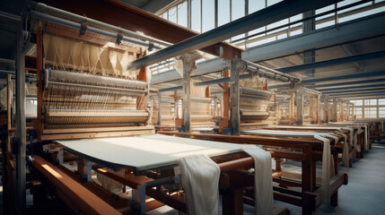 Fototapeta premium A textile manufacturing facility's weaving room, creating intricate patterns on fabric
