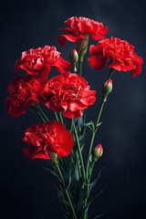 Obraz premium Saturated red carnations on a dark gray studio blurred background.
