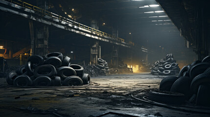 A tire recycling plant, shredding and processing old tires into new materials  - obrazy, fototapety, plakaty