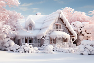 Quaint country house buried in snow after a snowstorm at dawn - obrazy, fototapety, plakaty