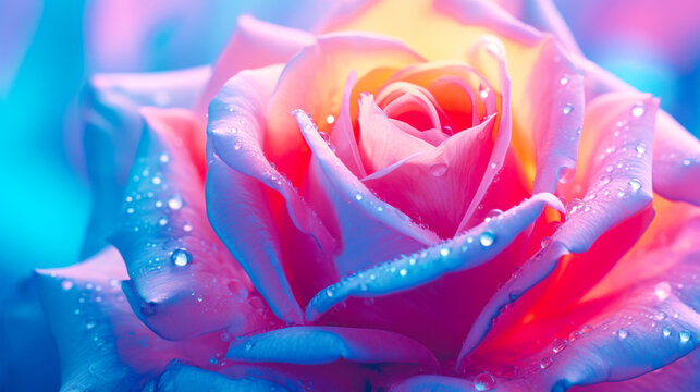 Closeup of a Pink and Orange Rose with Dew Drops and a Colorful Background