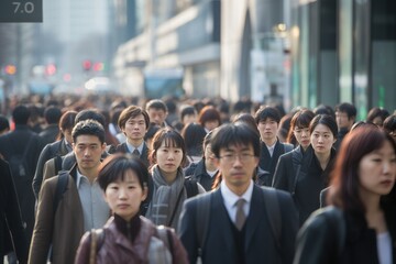 Crowd of Asian business commuters people walking street