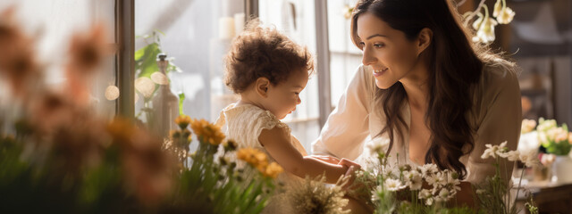Naklejka premium Portrait of a woman with a child choosing a bouquet in a flower store