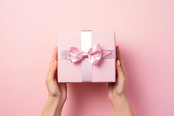 Woman hand holding a pink gift box. Present for birthday, valentine day, Christmas, New Year. copy space - obrazy, fototapety, plakaty