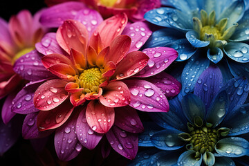 Macro view of vibrant flower petals adorned with shimmering raindrops 