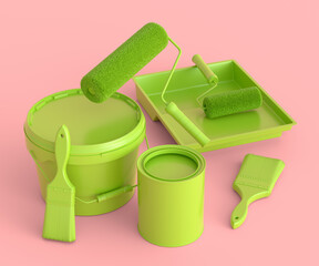 Set of safety helmet, bucket with paint rollers and brushes on monochrome.