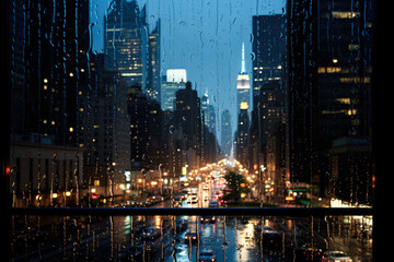 Silhouetted cityscape reflections captured in raindrop-speckled window post-deluge calm 