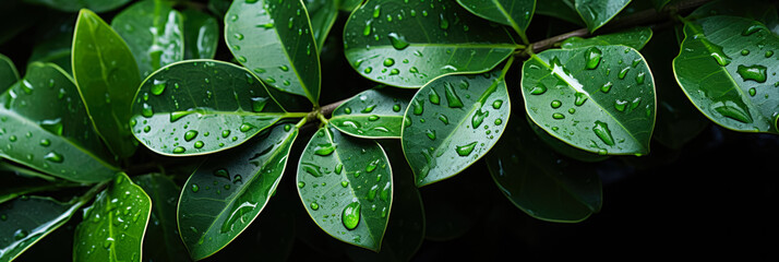 Tropical storm aftermath: glistening raindrops resting gently on verdant leaves 