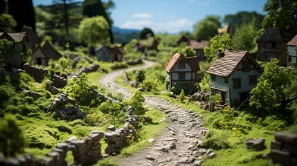 Miniature, Lilliput Village composition created by Generative AI, villagescape, farmland depicted in an unusual way