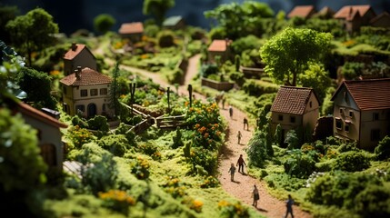 Fototapeta na wymiar Miniature, Lilliput Village composition created by Generative AI, villagescape, farmland depicted in an unusual way