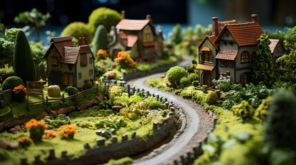 Miniature, Lilliput Village composition created by Generative AI, villagescape, farmland depicted in an unusual way