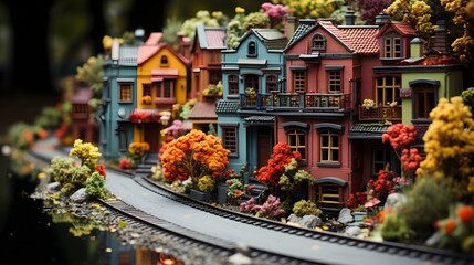 Miniature, Lilliput Village composition created by Generative AI, villagescape, farmland depicted in an unusual way - obrazy, fototapety, plakaty