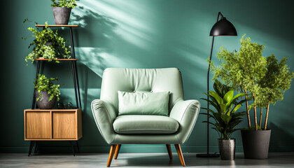 Green armchair against blue wall ,room interior,