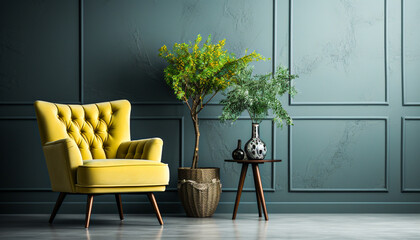  Green armchair between dandelion and plant ,room interior,