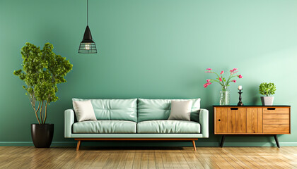 Green mint wall with sofa sideboard on wood ,room interior,