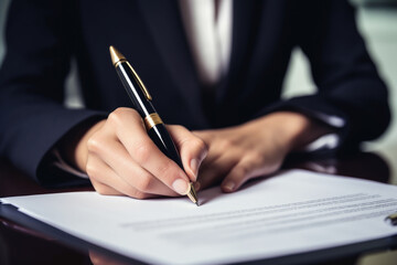 Woman's hands signing a major financial contract with luxury pens. Generative AI