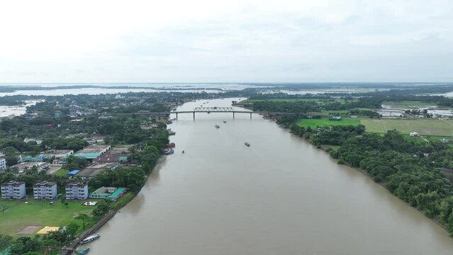 A Bridge over a river long aerial 4k video shot, sunamganj, bangladesh