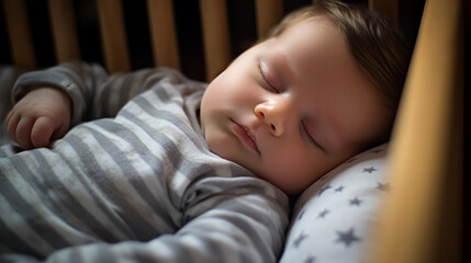 a chubby-cheeked infant enjoying a peaceful nap in a cozy crib. 