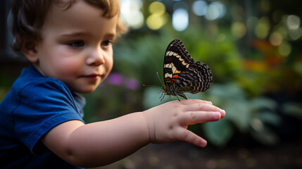 a baby boy captivated by the fluttering wings of a butterfly perched on his tiny outstretched hand, a moment of gentle fascination frozen in time.  - obrazy, fototapety, plakaty