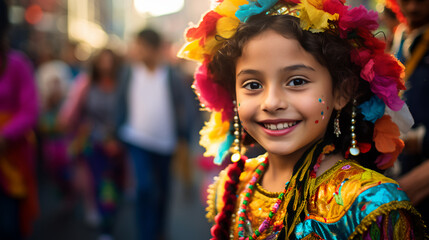 Fototapeta premium a young girl participates in a city's cultural parade, her excitement and the colorful costumes capturing the way urban spaces become stages for celebrations and festivities