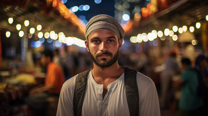 Fototapeta premium a man enjoys an evening stroll through a city's bustling market, his curious expression and the variety of goods around him capturing the vibrant atmosphere 