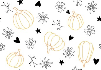 Cartoon retro vegetable harvest seamless Halloween pumpkins pattern for wrapping paper and fabrics and linens
