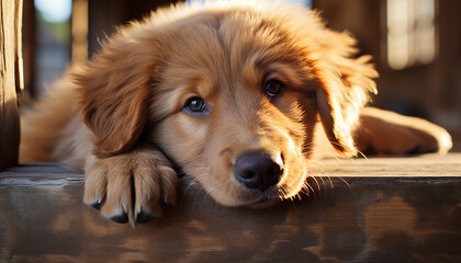 A cute puppy sitting on wood, looking at the camera generated by AI