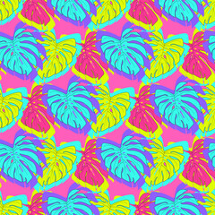 Fototapeta na wymiar Colorful composition of monstera leaves. Seamless vector pattern.