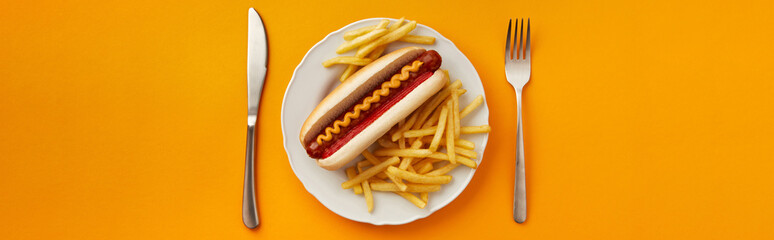Traditional hot dog with french fries in plate on orange background. Restaurant menu