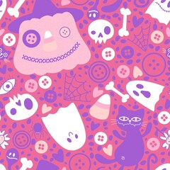 Cartoon doodle Halloween seamless cats and pumpkins snowman and skulls and bones pattern for wrapping paper