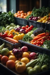 A colorful display of fresh fruits and vegetables in market bins