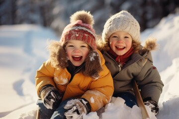 Fototapeta na wymiar Kids winter vacation time in winter, carefree childhood, happy time , having fun in the snow, sledding, sculpting a snowman, playing in nature, joy and fun , children spend time together .