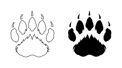 Bear or panda furry paw footprint with claws. Silhouette, contour. Icon. Black Vector isolated on white. Grizzly wild animal paw print icon, symbol. Print, textile, postcard, booklet, pet store, zoo - obrazy, fototapety, plakaty