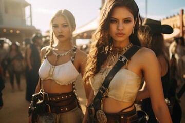 Wild West girls, westerns, outlaws and bandits, sheriffs, robbers and lawmen, stylization and glamour, authenticity of Texas fierce look of self-confidence . - obrazy, fototapety, plakaty